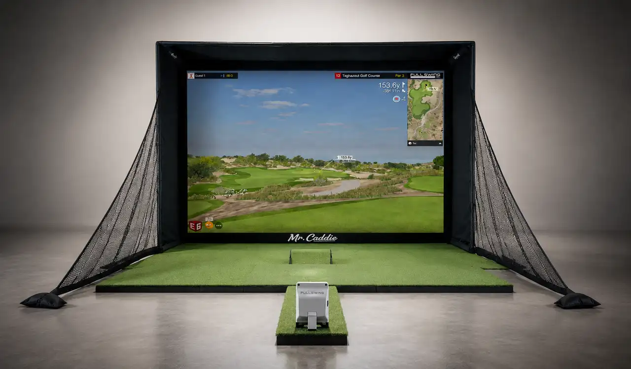 Mr. Caddie portable golf simulator with Full Swing launch monitor and hitting mat