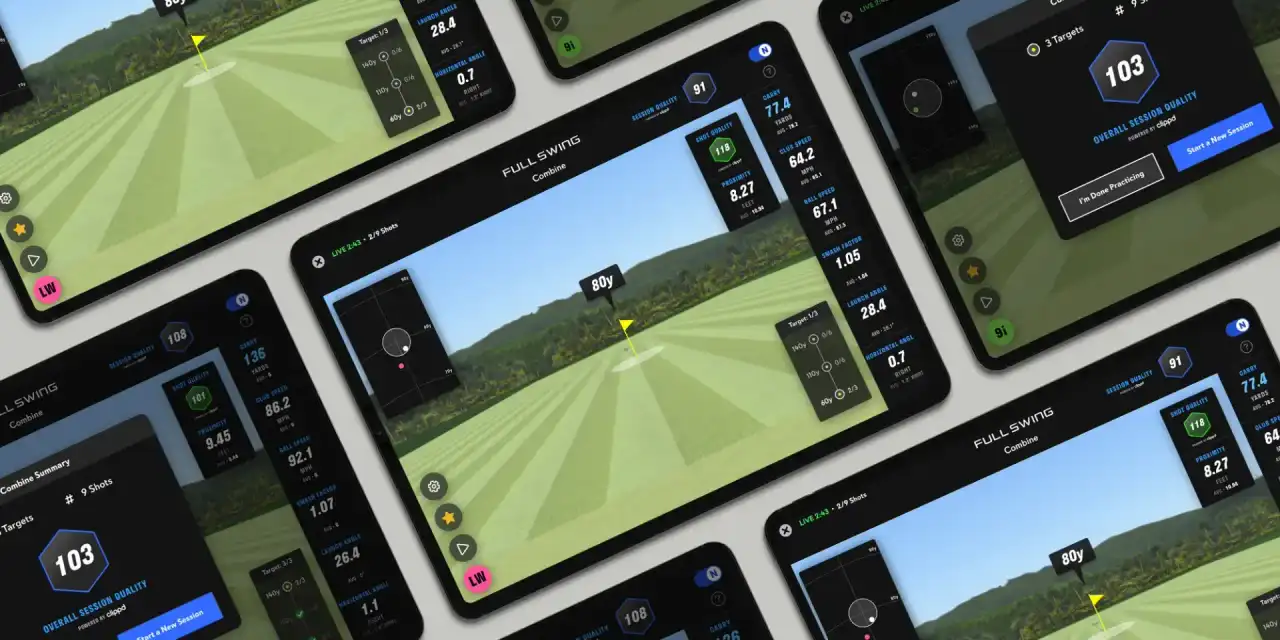 Full Swing golf simulator screens showing carry distance, club speed, and session stats